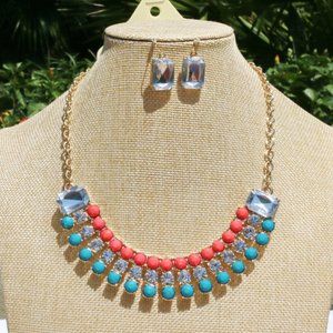 Boho Necklace Turquoise Coral Bling Gold Statement